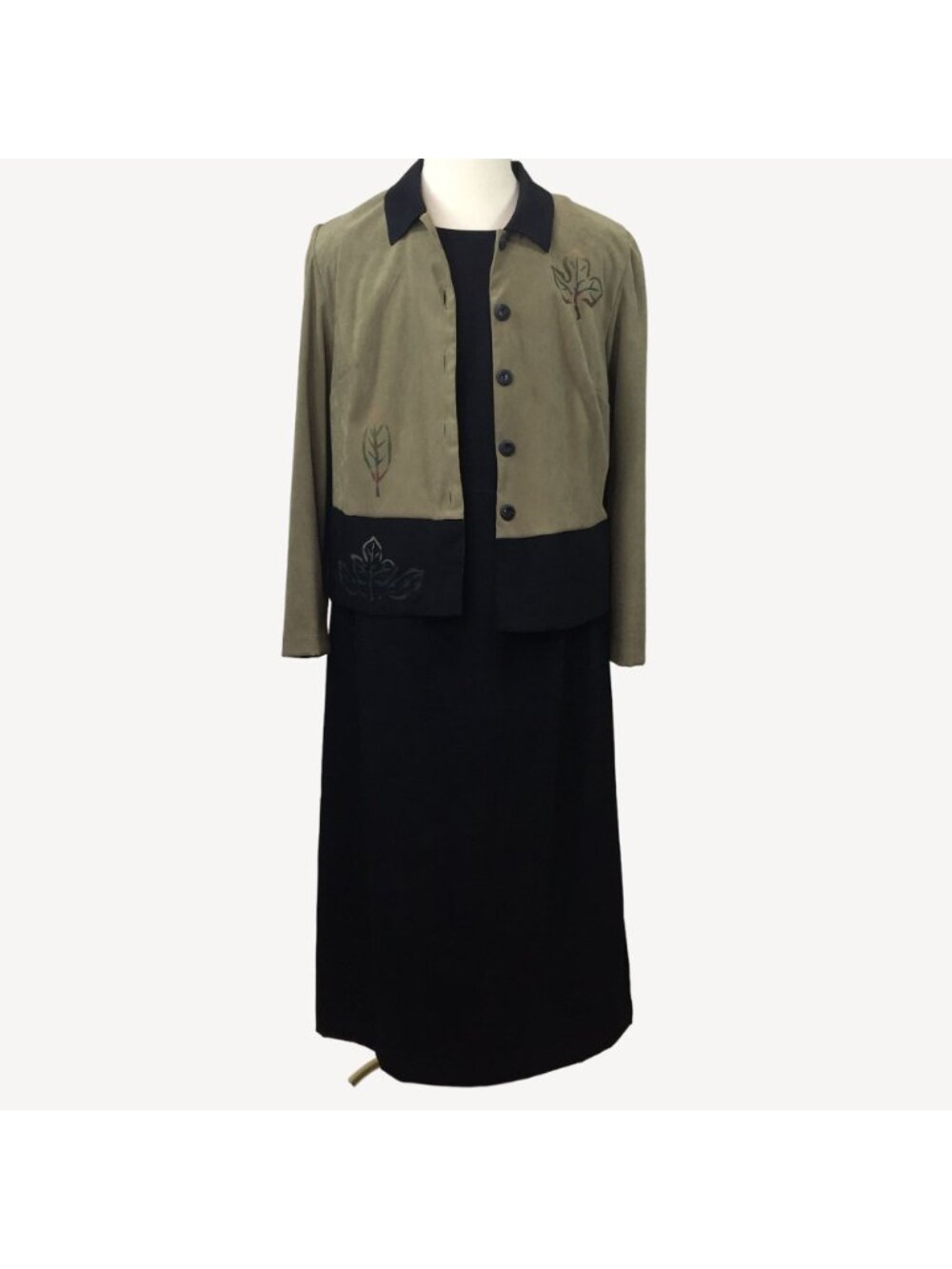Vintage Lady Dorby Women 2 Pc Set Black Dress Green Jacket Stamped Leaf Size 16W - Picture 2 of 16